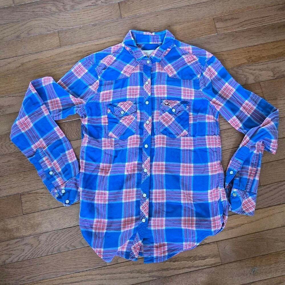 hollister vintage 90s y2k 2000 blue, pink, white plaid cotton button-up shirt M